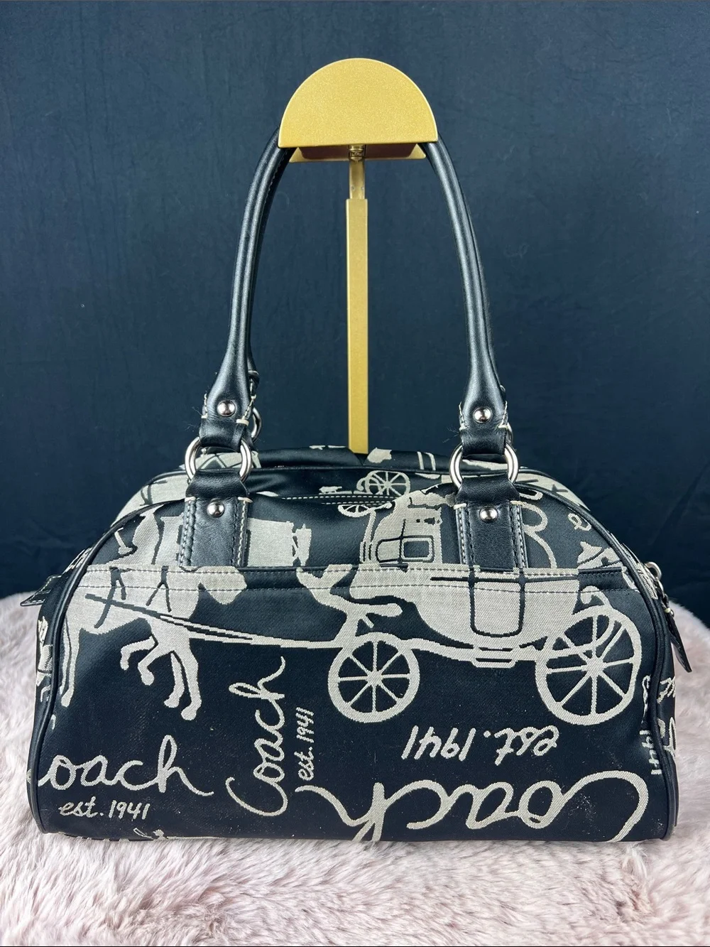 Coach Horse & Carriage Jacquard Satchel Black Leather Handbag F14481 EUC